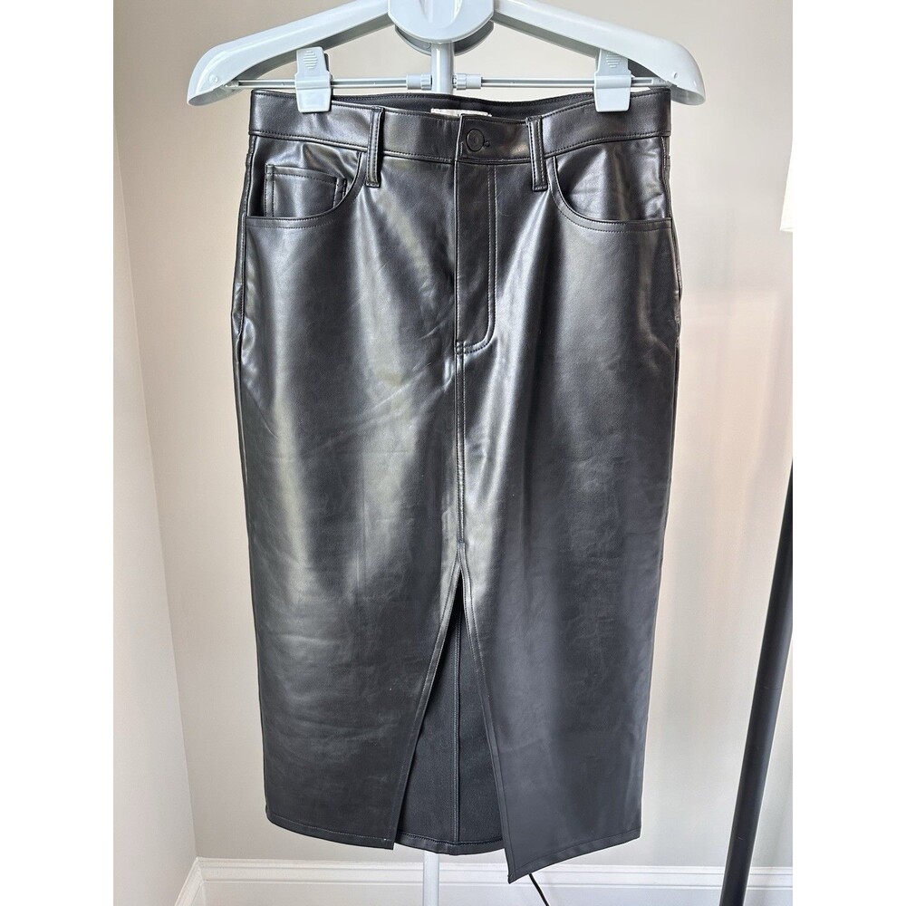 Abercrombie Vegan Leather Midi Skirt Front Slit Black Size 29 / 8 High Rise EUC